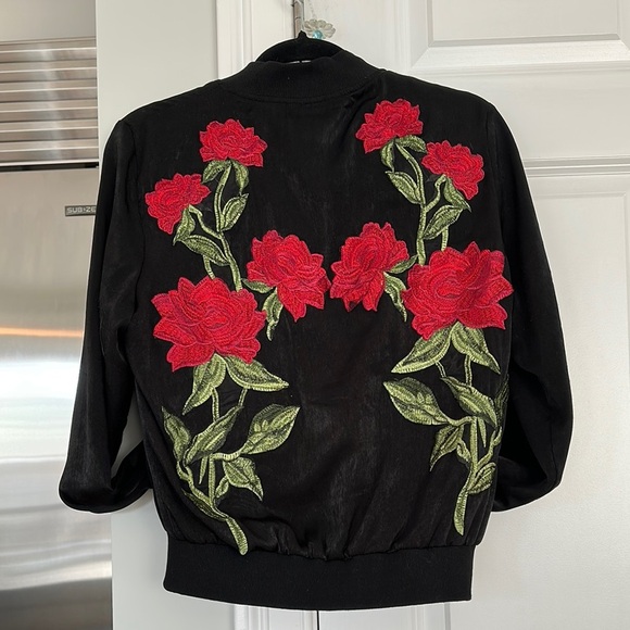 Black Bomber Jacket with Ribbed Collar and Gold Zipper - Picture 2 of 3